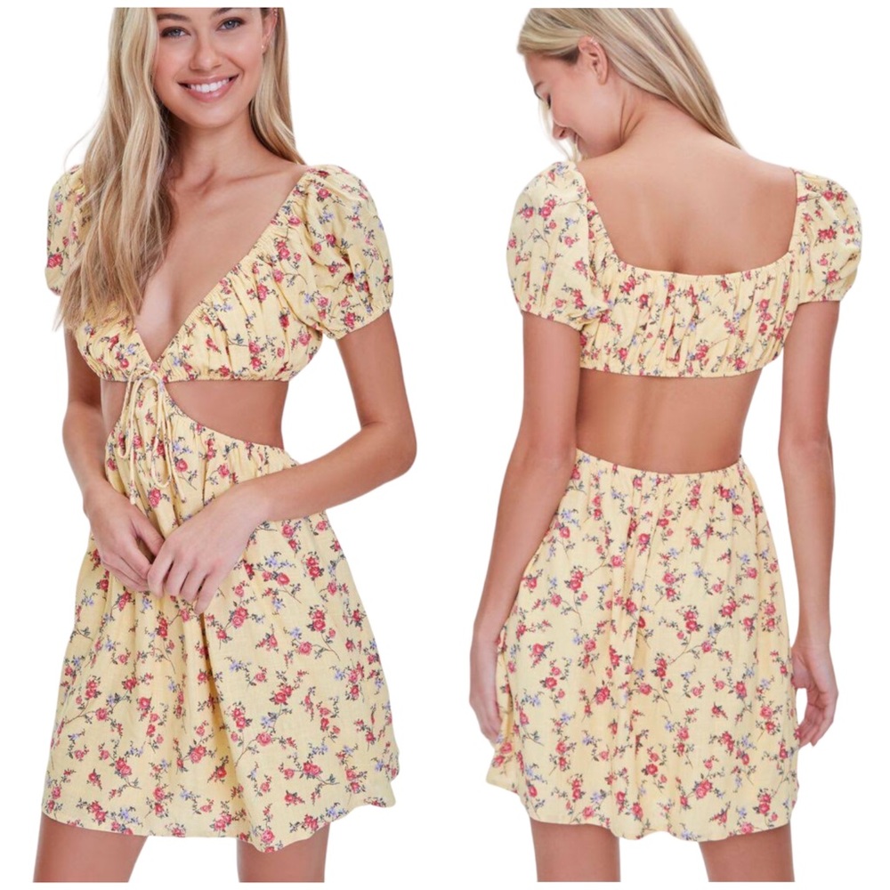 FOREVER 21 ☆ Yellow Floral Cutout Linen Blend Dress